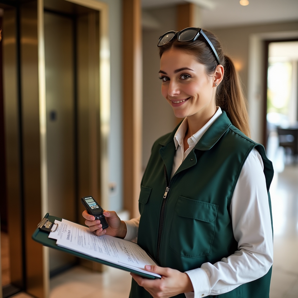 Technician conducting systematic elevator inspection with clipboard and testing equipment