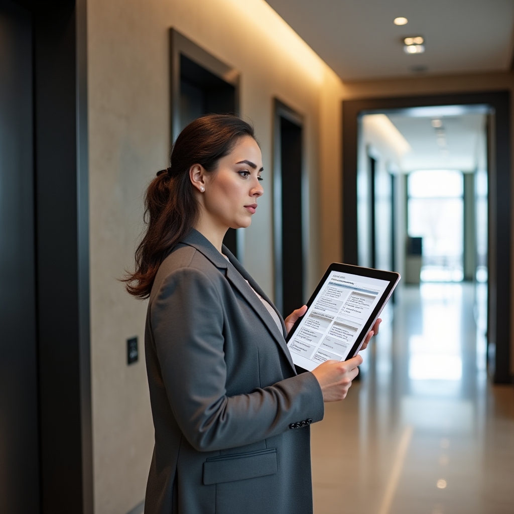 Building administrator reviewing elevator maintenance documentation at desk in modern office