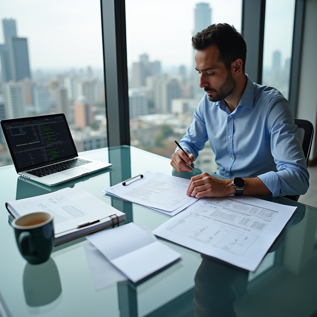 Professional reviewing elevator maintenance contract documents