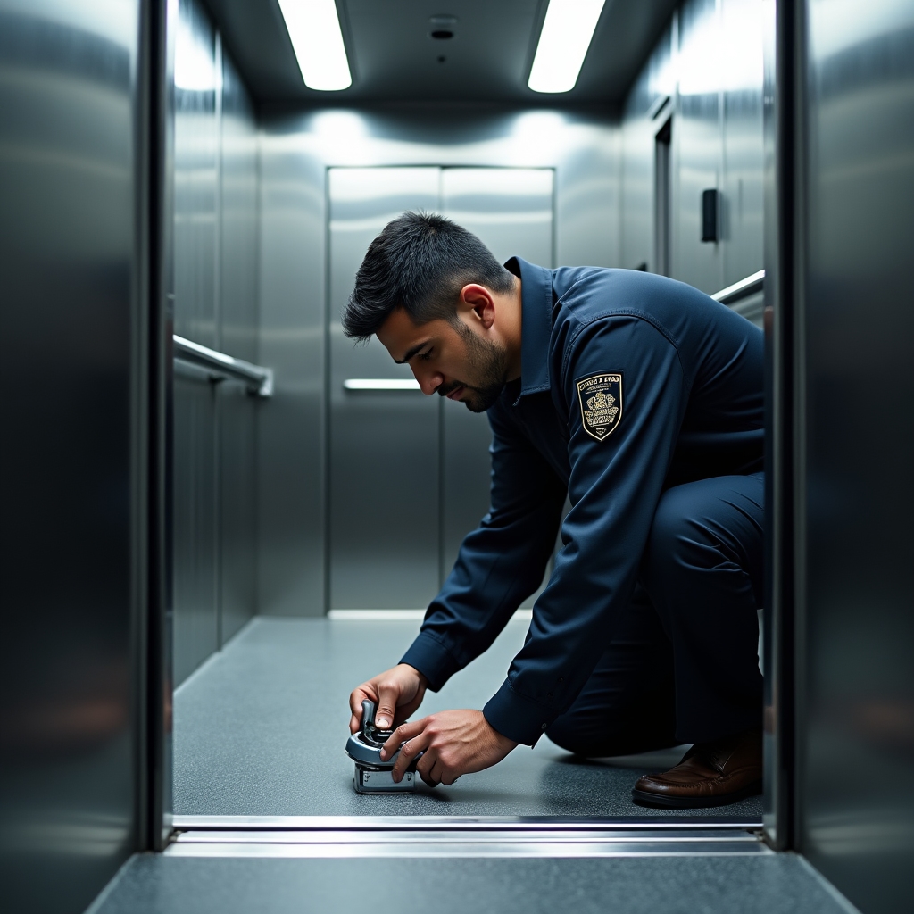 Close-up inspection of elevator cabin interior mechanisms and door systems