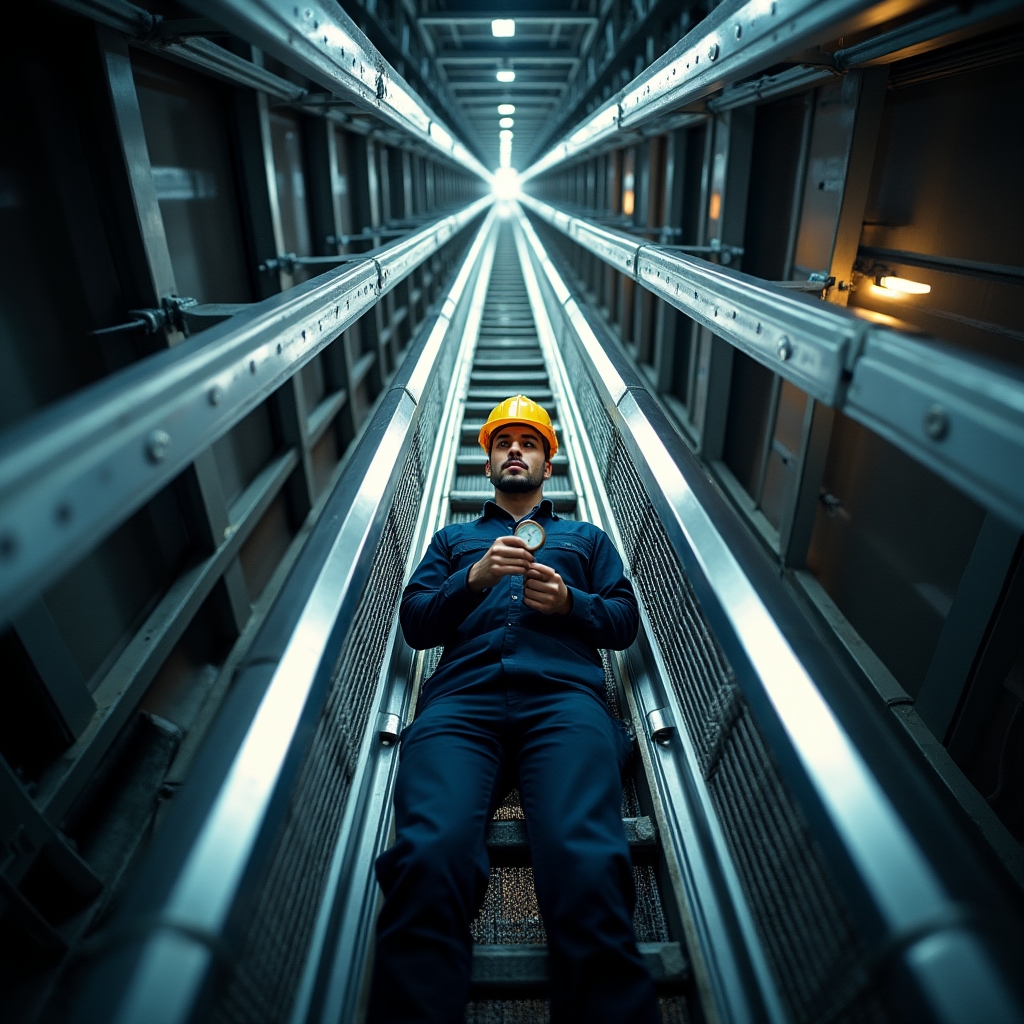 Technical inspection of elevator shaft in a high-rise building