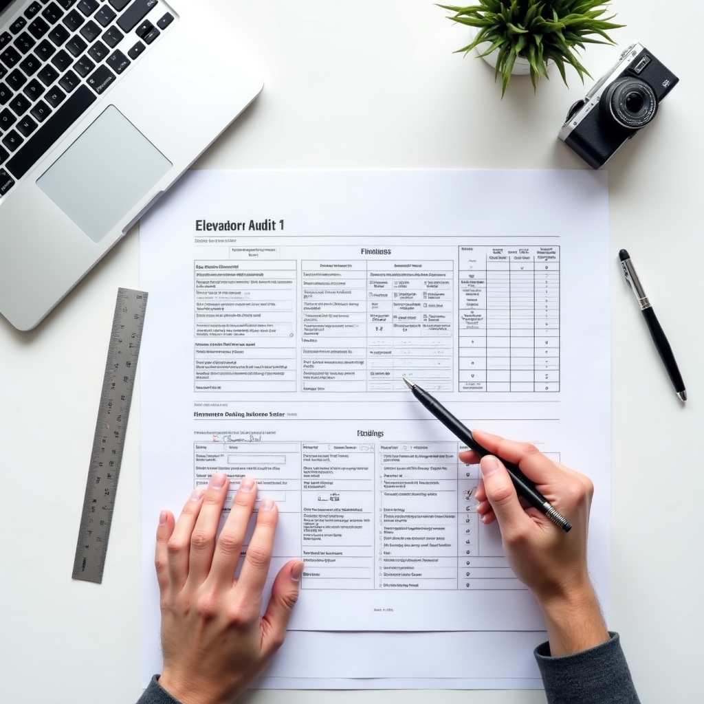 Professional preparing detailed elevator audit report with technical documentation