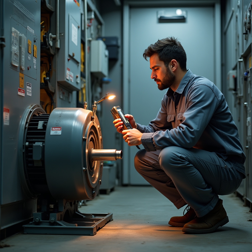 Engineer examining elevator mechanical components and electrical systems with diagnostic tools